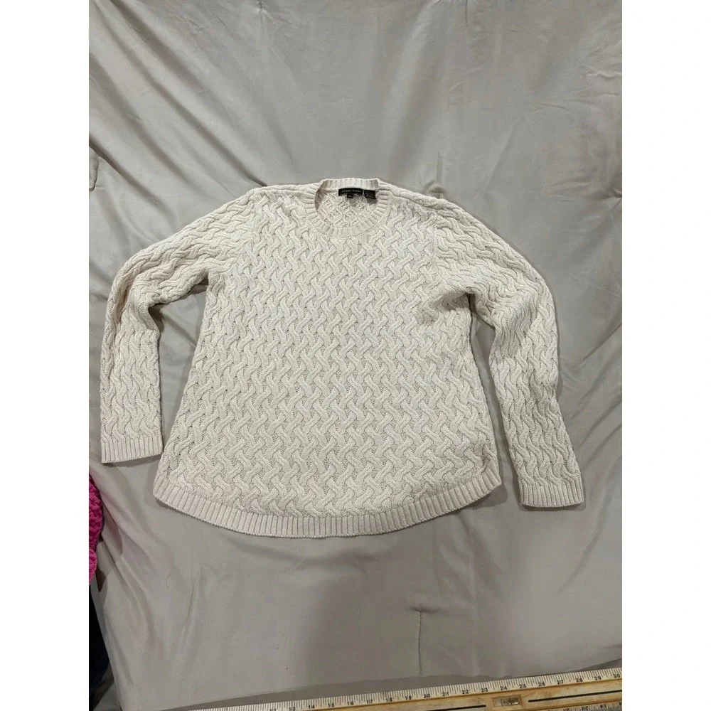Jeanne‎ Pierre Cream Cotton Cable Knit Crew Neck Sweater Womens XL Curved Hem